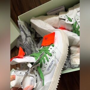 Off-White Women's White and Orange Sneakers High Top with Green Laces